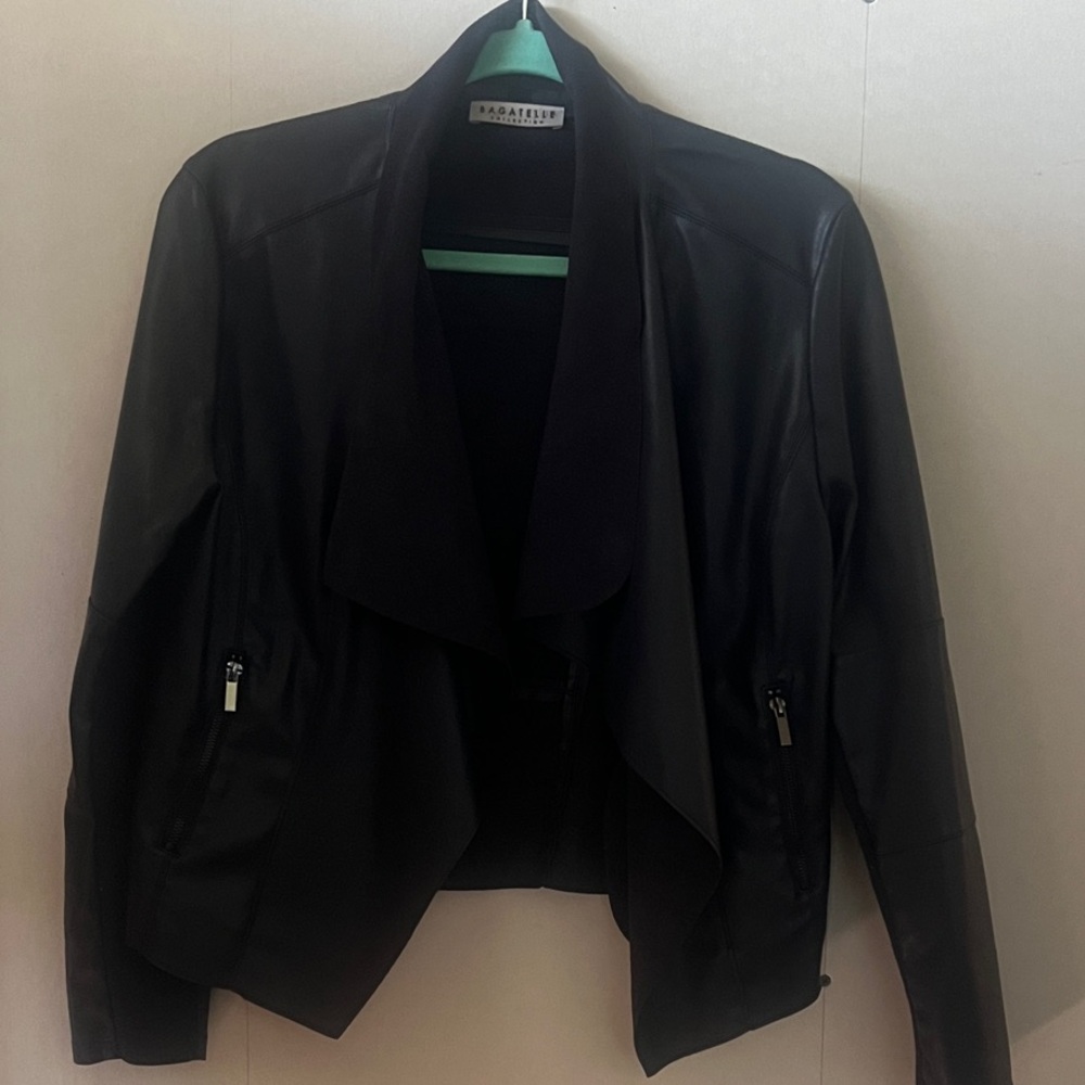 Bagatelle Elegant Black Faux Leather Drape Jacket